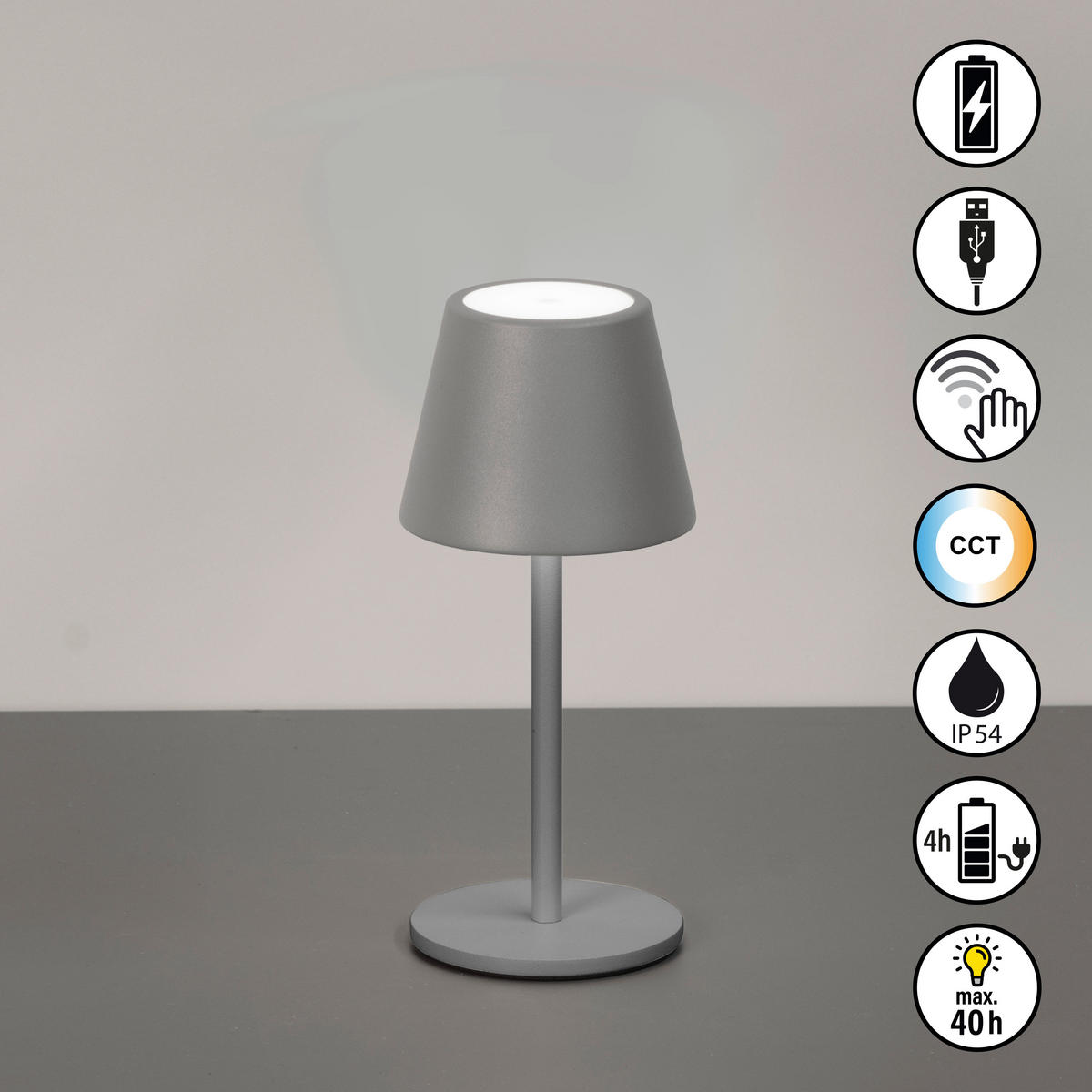 AKKU-TISCHLEUCHTE Salerno 8,5/20 cm  - Rostfarben/Grau, Design, Metall (8,5/20cm)