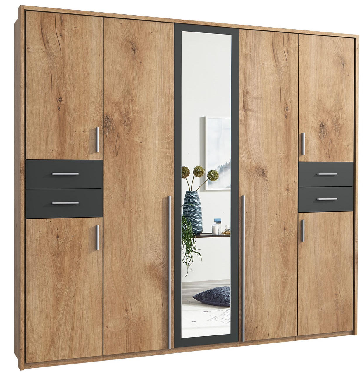 KLEIDERSCHRANK 7-türig Graphitfarben, Eichefarben - Eichefarben/Silberfarben, Basics, Holzwerkstoff/Kunststoff (225/208/58cm) - MID.YOU