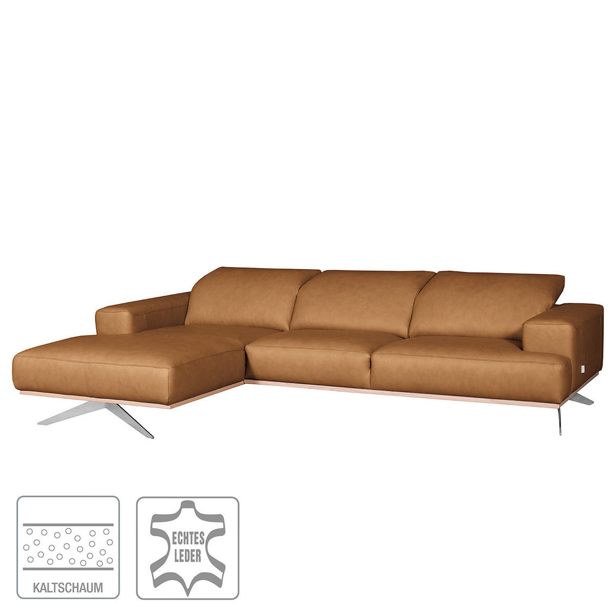 ECKSOFA  in Echtleder Cognac  187/295 cm  - Chromfarben/Cognac, Design, Leder/Metall (187/295cm) - Livetastic