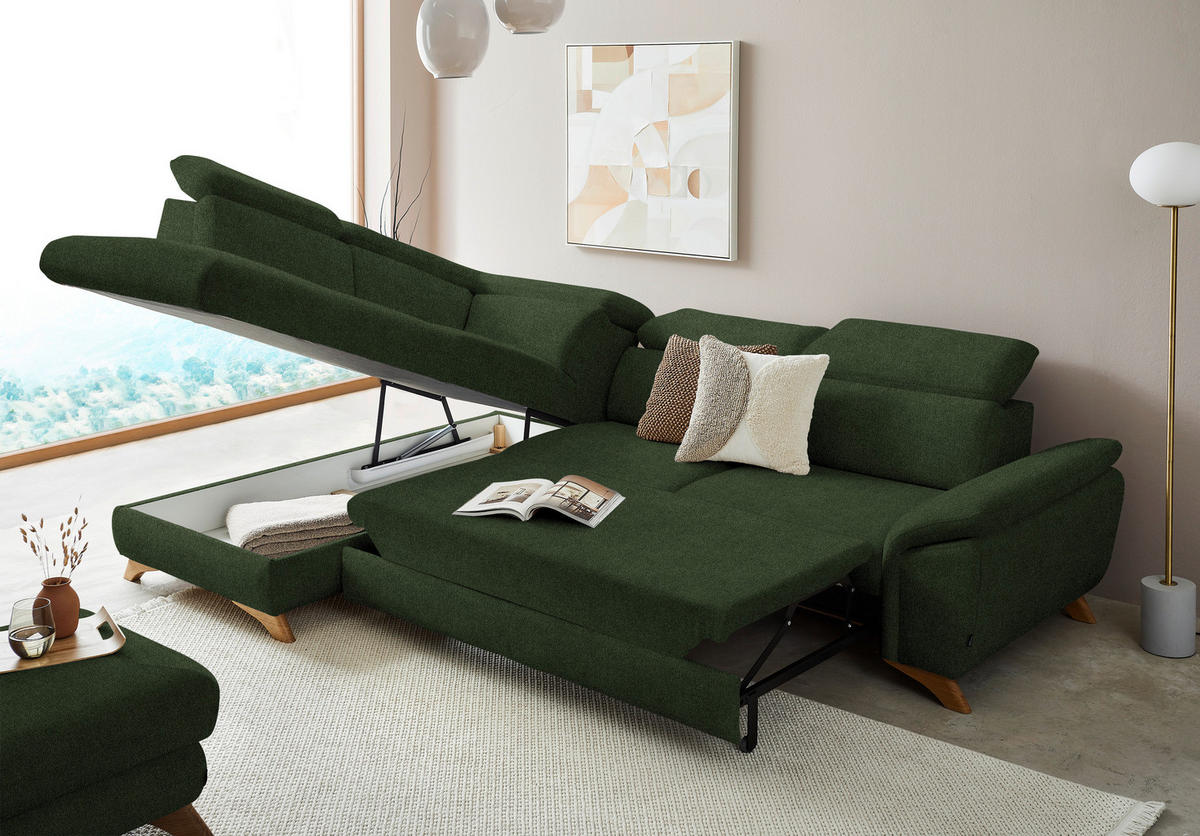 ECKSOFA in Flachgewebe Olivgrün  - Eichefarben/Olivgrün, Modern, Holz/Textil (212/287cm) - Valnatura