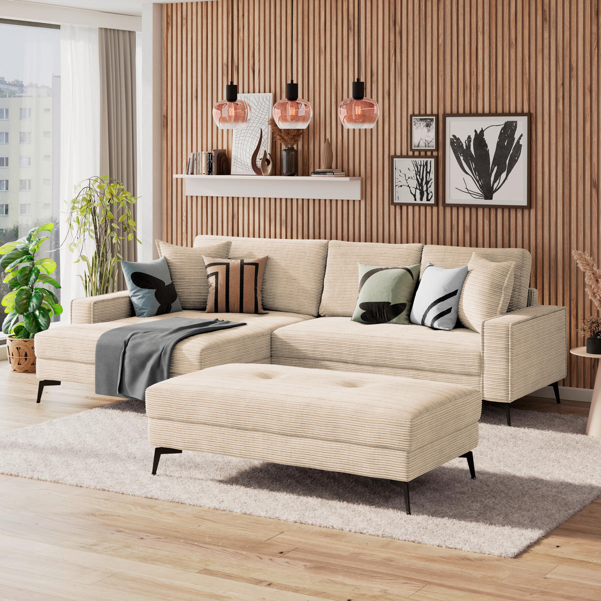 ECKSOFA ZERO Creme Cord Zierkissen, Rückenkissen  - Creme/Schwarz, Trend, Textil/Metall (173/286cm) - Livetastic