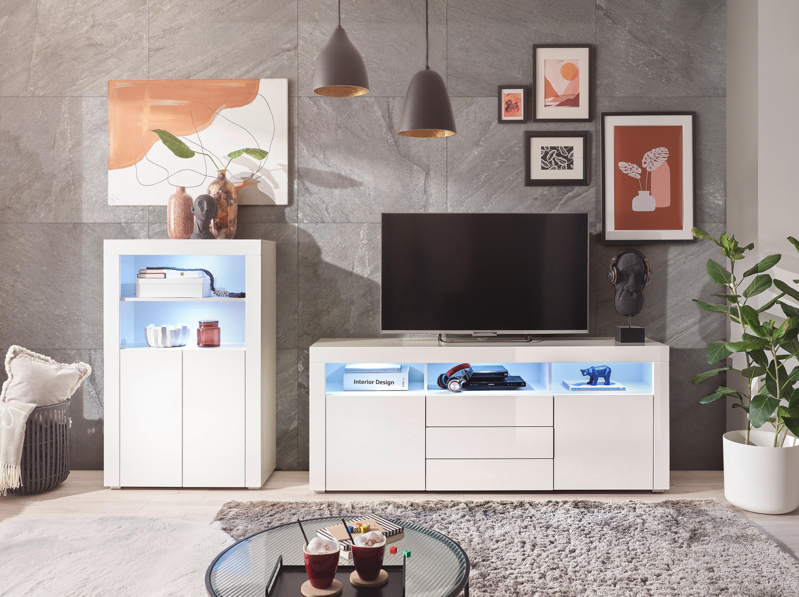 SIDEBOARD 180/74/44 cm  in Weiß, Weiß Hochglanz  - Weiß Hochglanz/Silberfarben, Design, Holzwerkstoff/Kunststoff (180/74/44cm) - MID.YOU