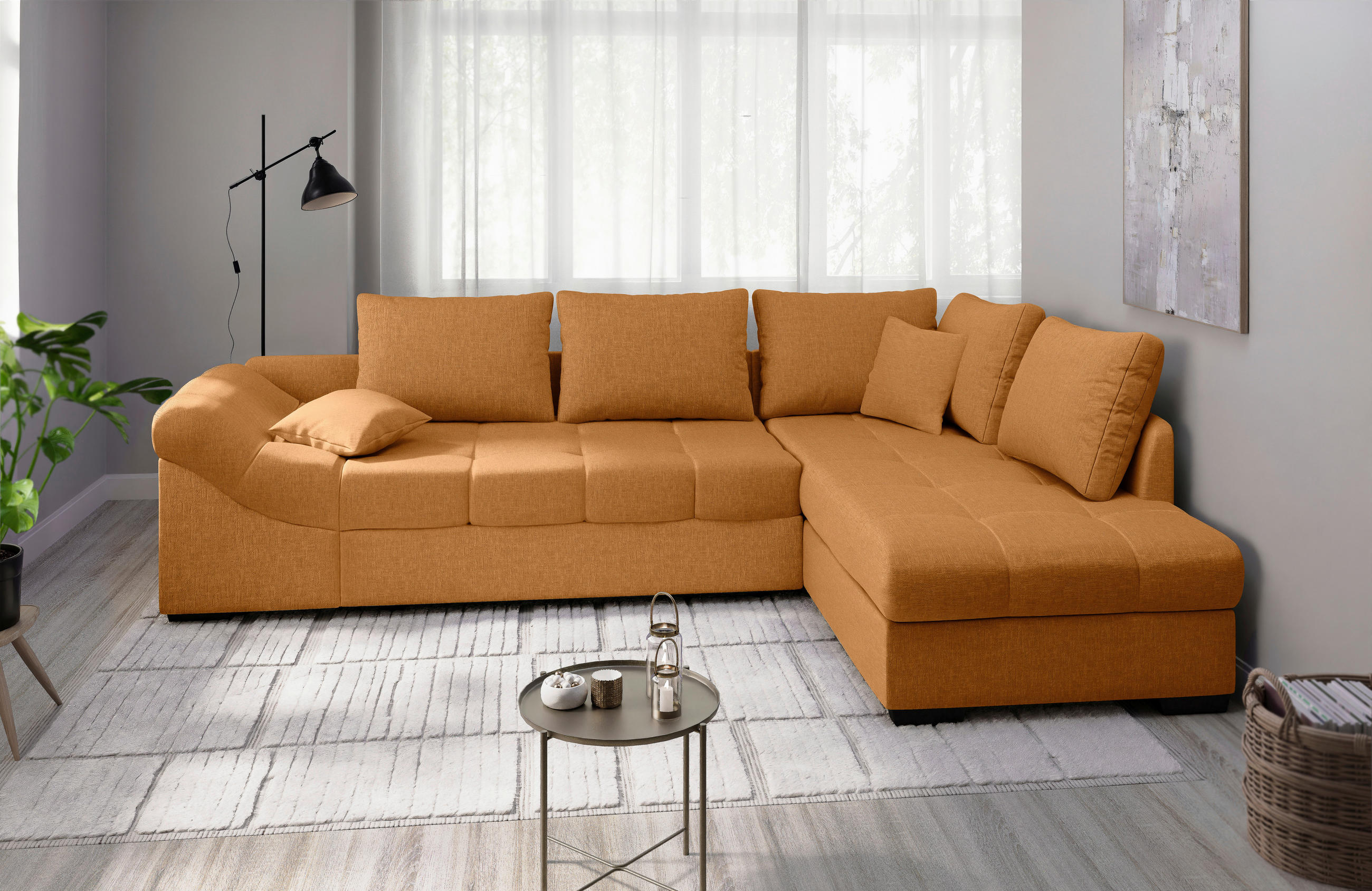 ECKSCHLAFSOFA Alvito Goldfarben Mikrofaser  - Goldfarben/Schwarz, MODERN, Holz/Textil (298/202cm) - MID.YOU