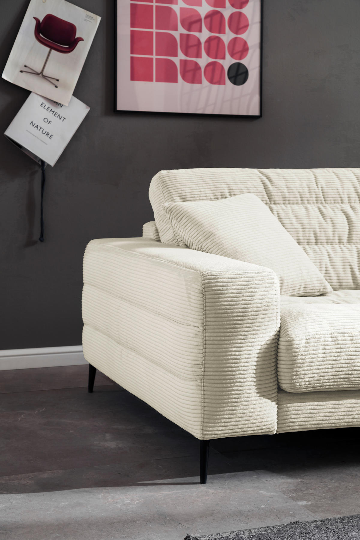 SEDEŽNA GARNITURA, rebrasti žamet bela  - črna/bela, Design, kovina/tekstil (207/296cm) - Pure Home Lifestyle