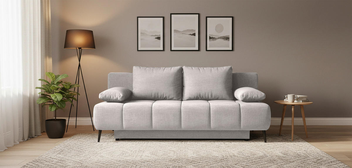 SCHLAFSOFA BOBBIO PLUS Velours Creme  inkl. Rückenkissen, Armlehnenkissen, Stauraum  - Creme/Schwarz, Design, Textil/Metall (204/90/95cm) - MID.YOU