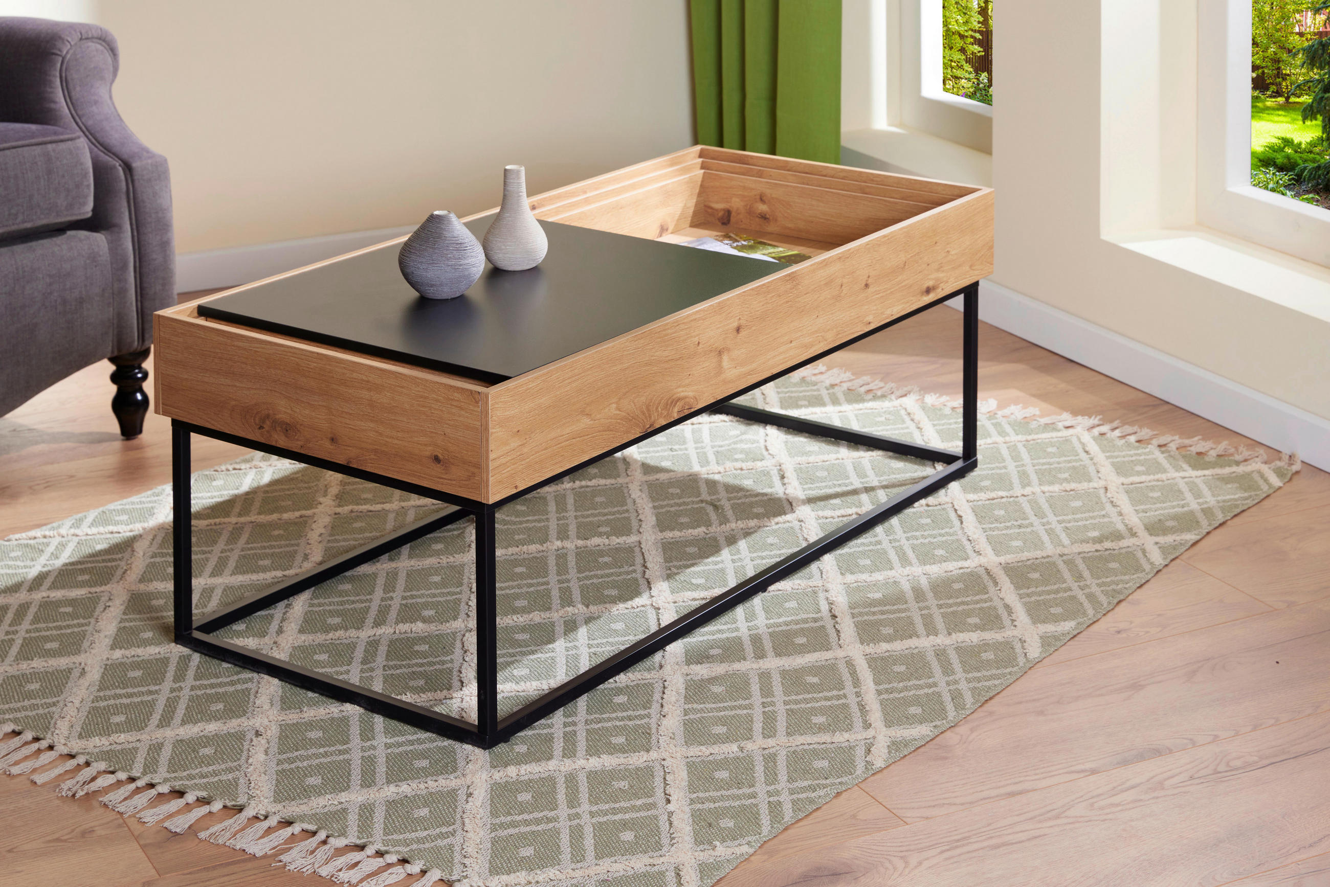 COUCHTISCH 110/50/40 cm rechteckig Schwarz, Eiche Artisan  - Schwarz/Eiche Artisan, Design, Holzwerkstoff/Metall (110/50/40cm) - Livetastic