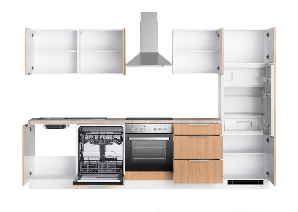 KÜCHENBLOCK 300 cm   in Weiss, Eichefarben  - Weiss/Eichefarben, Lifestyle, Holzwerkstoff/Metall (300cm) - Held