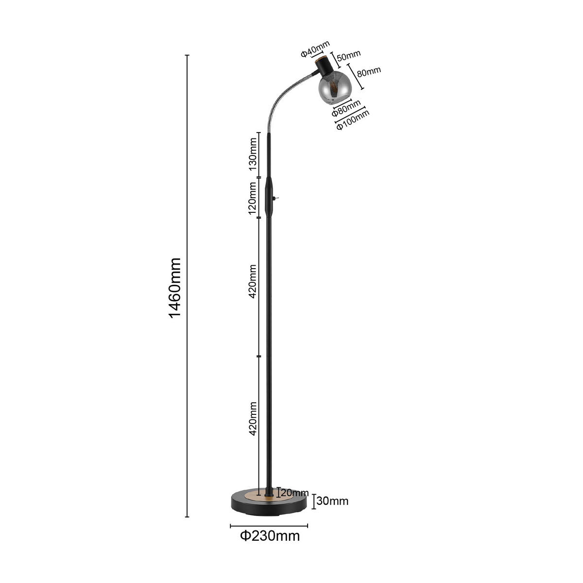 STEHLEUCHTE Merope 23/146 cm   - Eschefarben/Schwarz, Basics, Glas/Metall (23/146cm) - Novel