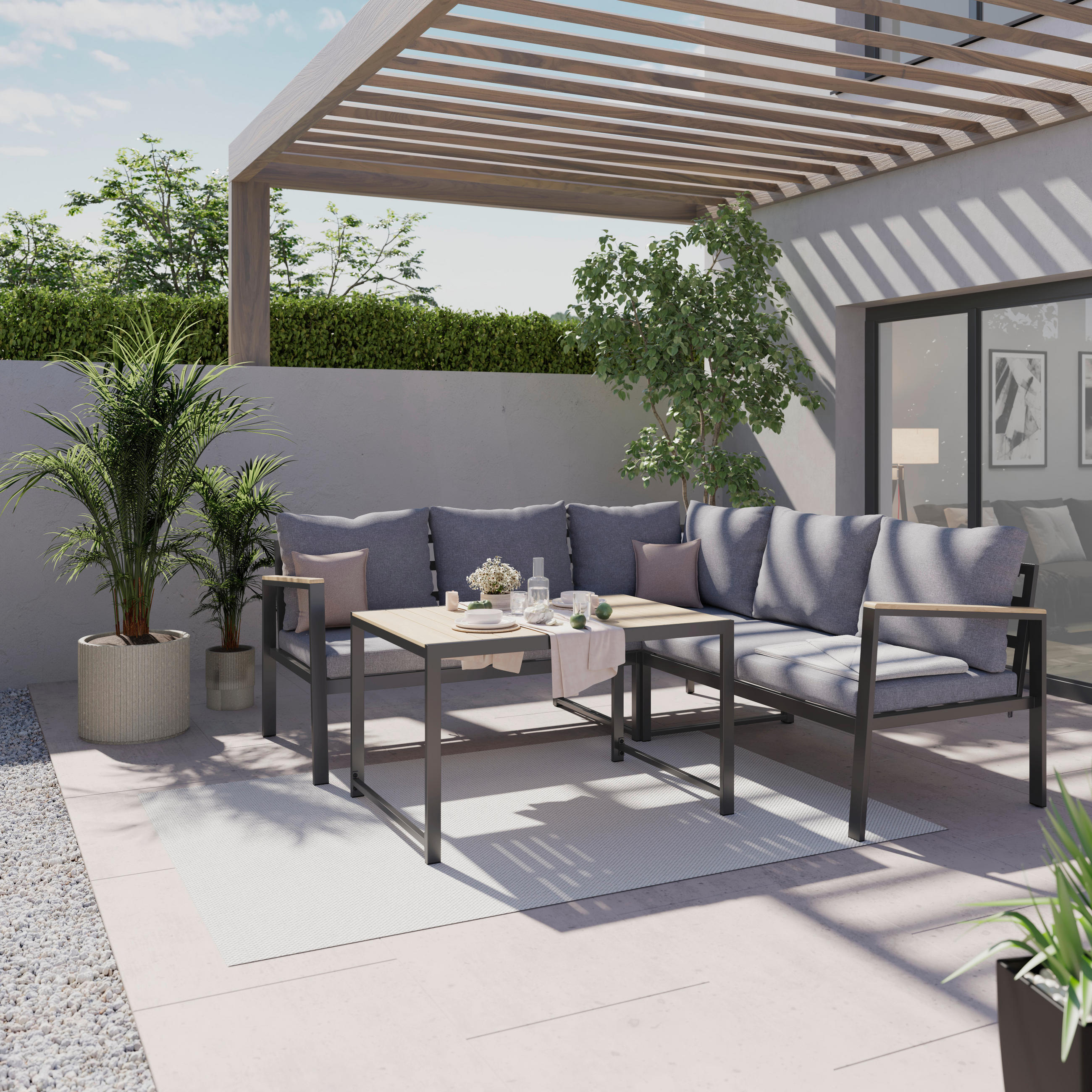 LOUNGEGARNITUR  198/198 cm  Akazie massiv Aluminium  - Grau/Akaziefarben, Design, Holz/Textil (198/198cm) - Ambia Garden