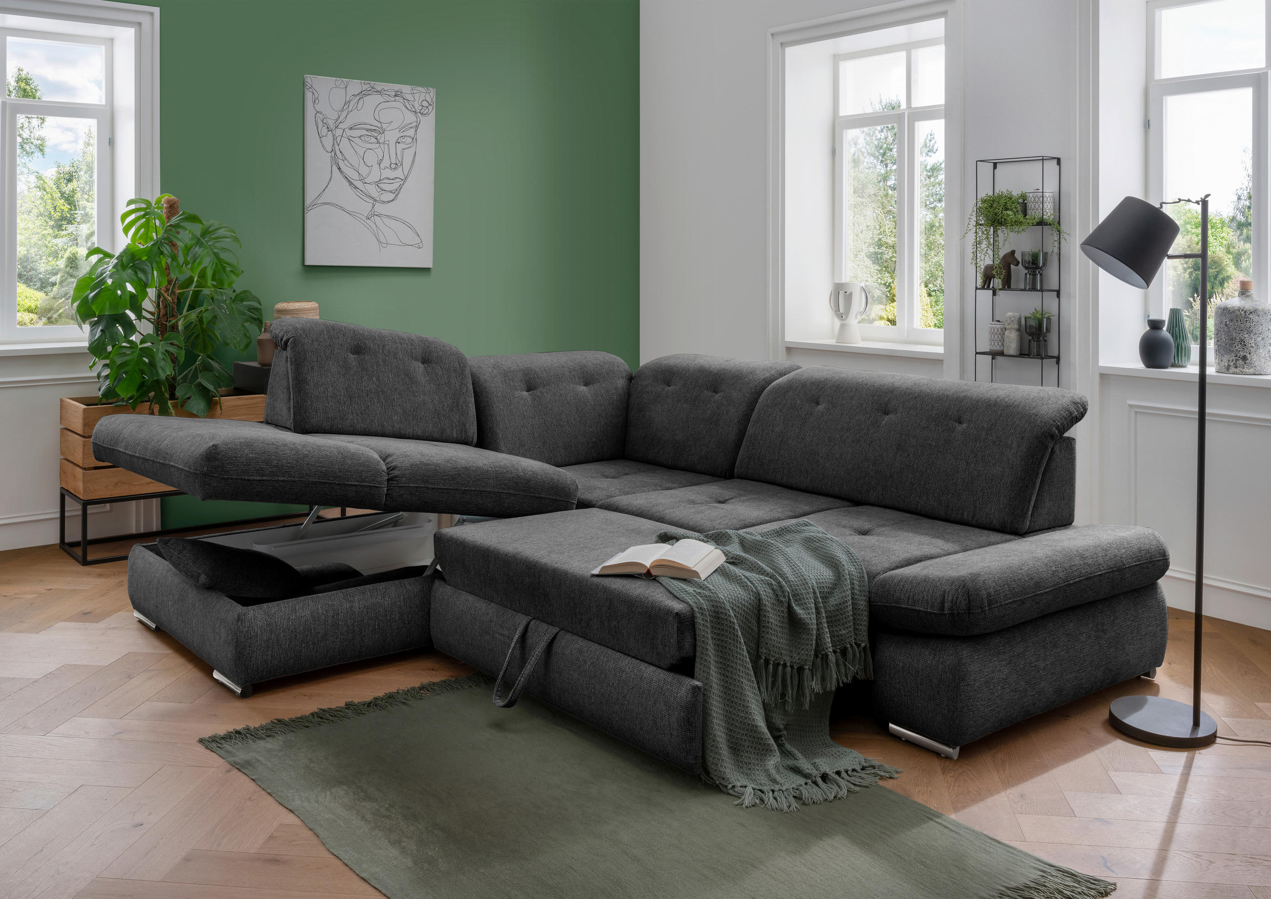 ECKSOFA Anthrazit Chenille  - Chromfarben/Anthrazit, Design, Textil/Metall (254/280cm) - Livetastic