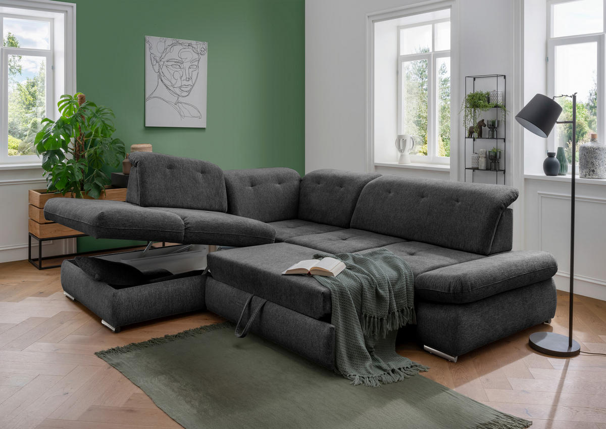 ECKSOFA in Chenille Anthrazit  - Chromfarben/Anthrazit, Design, Textil/Metall (254/280cm) - Livetastic