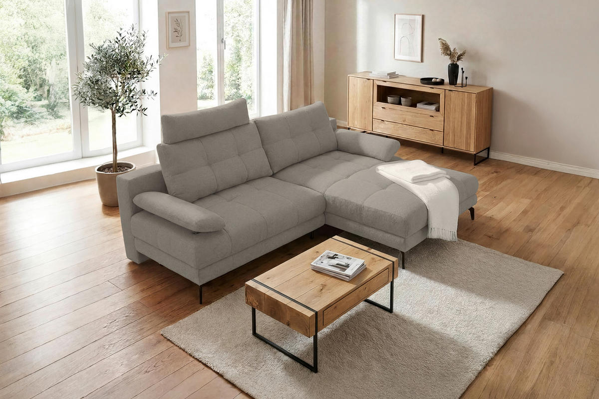 ECKSOFA Grau Struktur Rückenkissen, Bettkasten, Schlaffunktion, Rücken echt, Armteilverstellung, Liegefläche im Originalstoff  - Beige/Schwarz, MODERN, Textil/Metall (263/181cm) - Carryhome