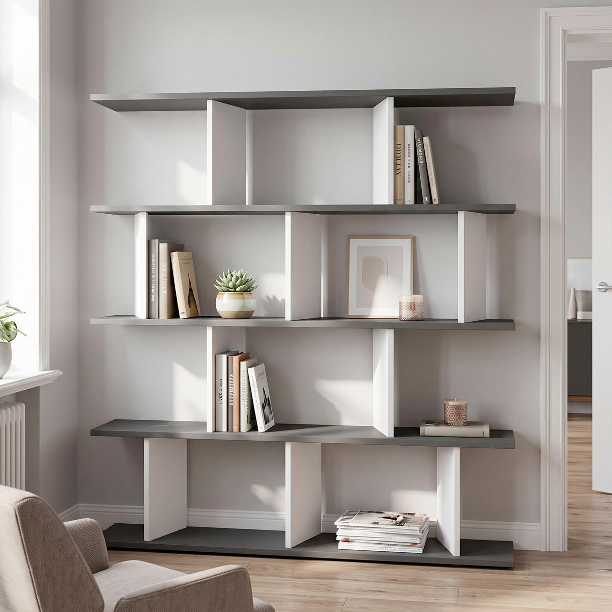 REGAL  130/137/25 cm  - Weiss/Anthrazit, Design, Holzwerkstoff (130/137/25cm) - Livetastic