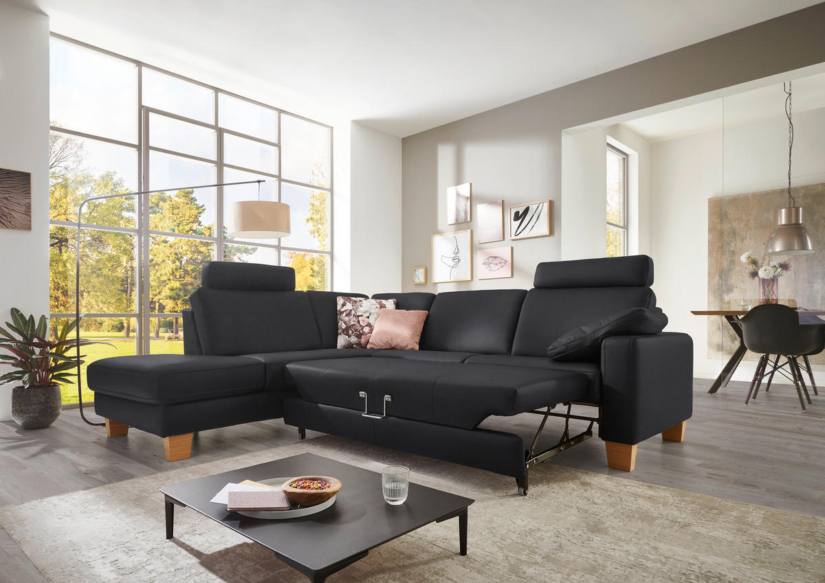 ECKSOFA in Echtleder Anthrazit  - Eiche Bianco/Anthrazit, Konventionell, Leder/Holz (235/257cm) - Valdera