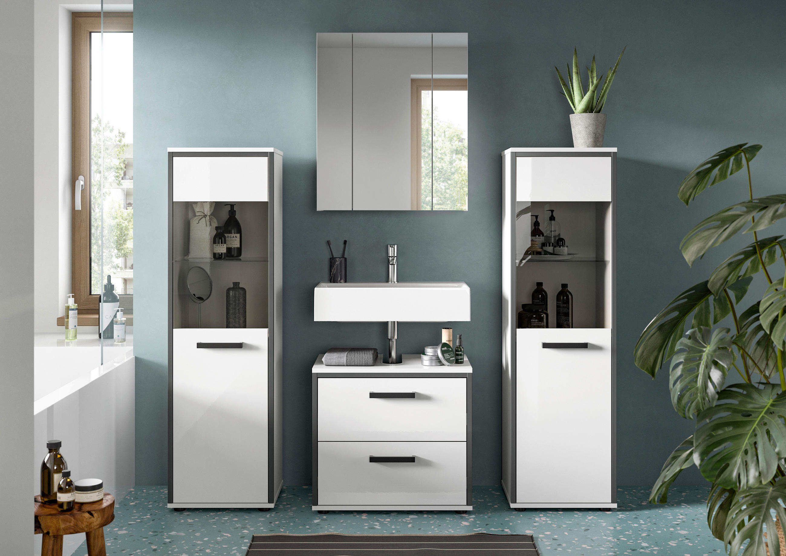 BADEZIMMER 4-teilig  in 140 cm  - Weiß Hochglanz/Schwarz, MODERN, Holzwerkstoff/Kunststoff (140cm) - MID.YOU