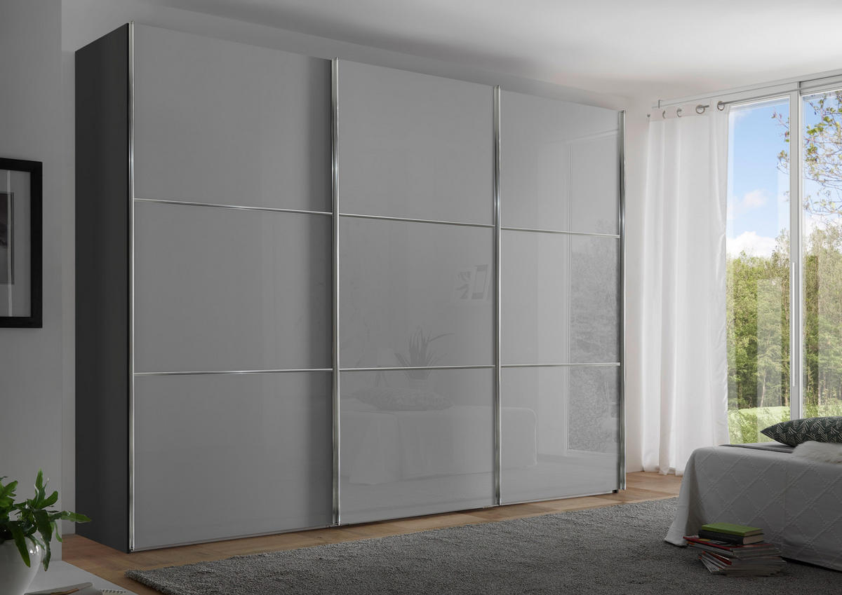 SCHWEBETÜRENSCHRANK in Hellgrau, Dunkelgrau  - Chromfarben/Dunkelgrau, Konventionell, Glas/Holzwerkstoff (298/222/68cm) - Moderano