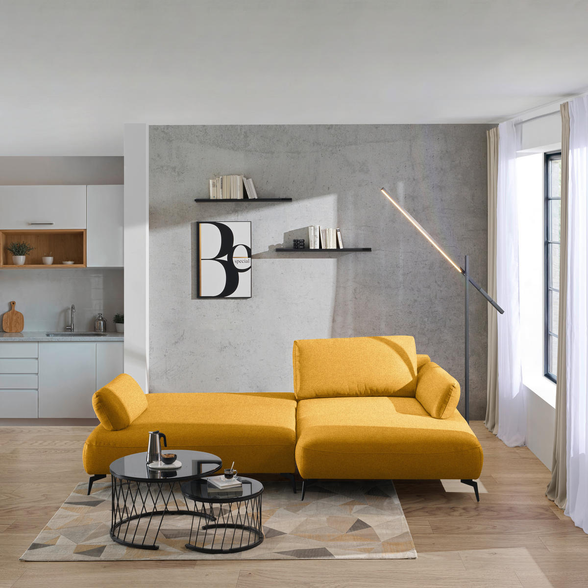 ECKSOFA Struktur Senfgelb  - Senfgelb/Schwarz, Design, Textil/Metall (284/186cm) - Lomoco