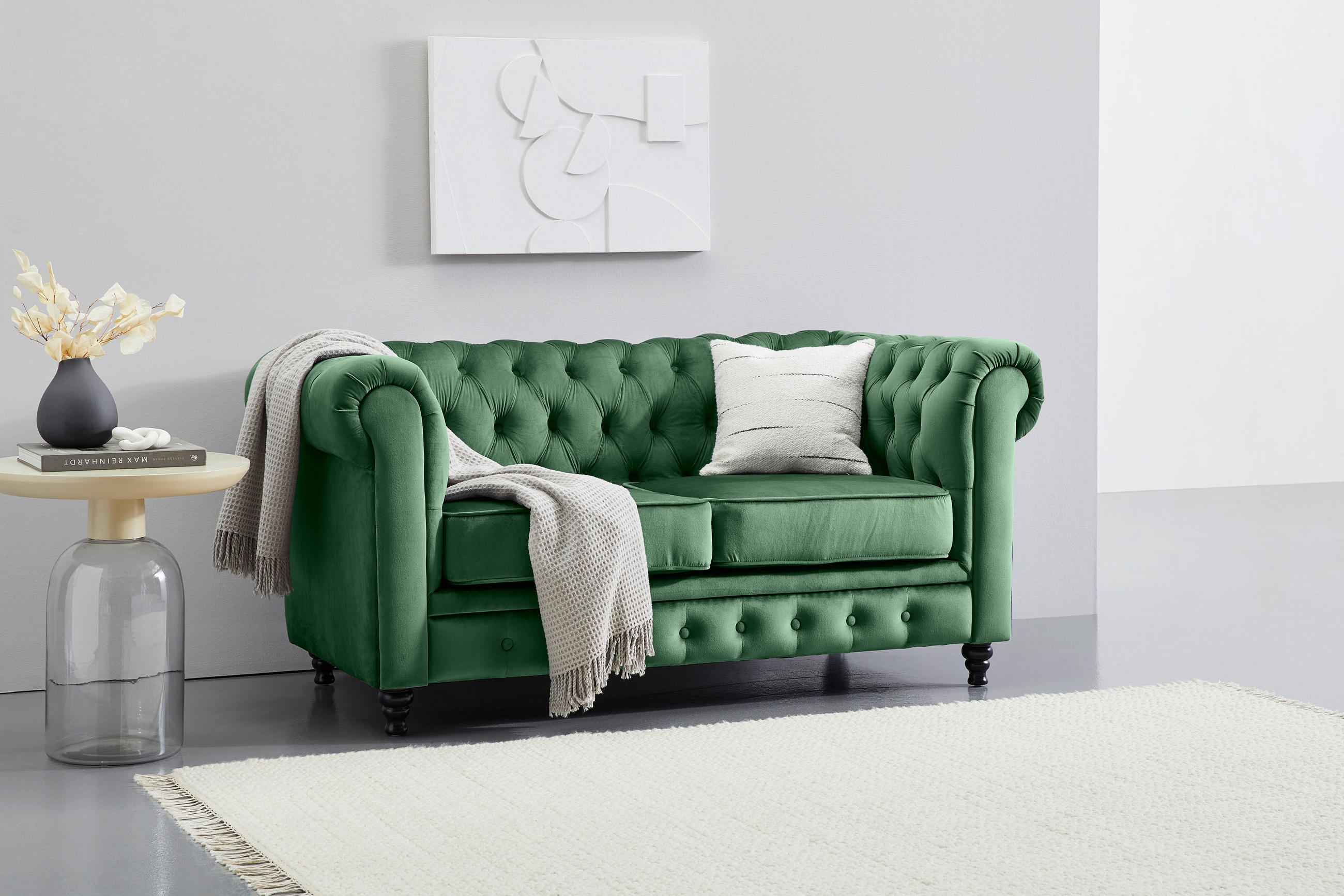 CHESTERFIELD-SOFA Samt Grün, Schwarz - Schwarz/Grün, Trend, Holz/Textil (165/73/87cm) - Xora