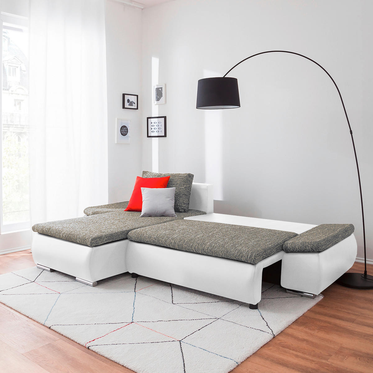 ECKSOFA Grau, Weiß Textilgeflecht  - Chromfarben/Schwarz, Design, Textil (266/175cm) - Livetastic
