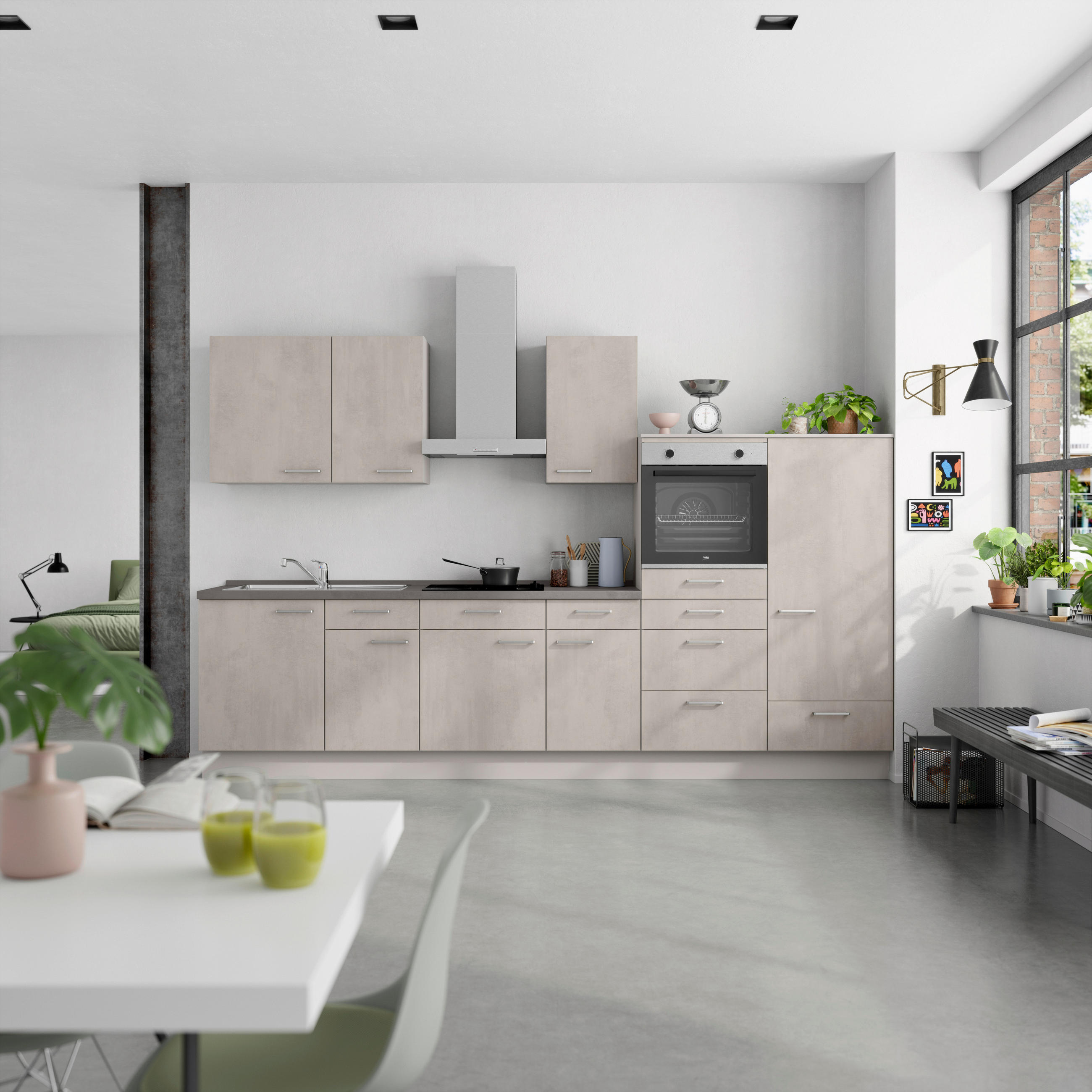 KÜCHENBLOCK Riva 330 cm  in Grau, Schieferfarben  - Schieferfarben/Edelstahlfarben, MODERN, Holzwerkstoff/Metall (330cm) - Nobilia