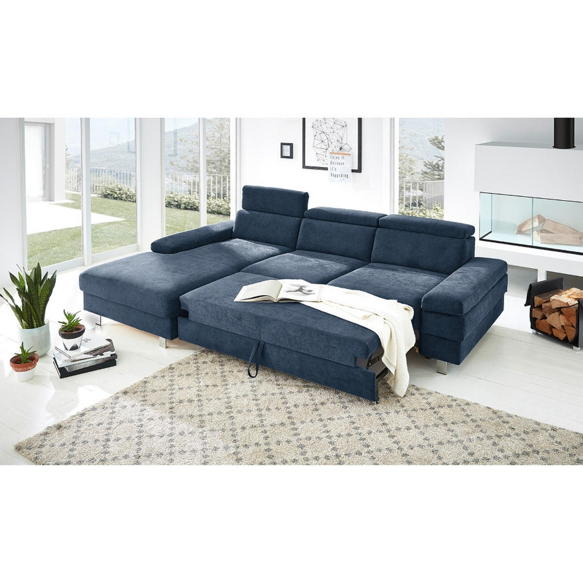 ECKSOFA in Webstoff Dunkelblau  - Silberfarben/Dunkelblau, Konventionell, Textil/Metall (260/82/182cm) - Trendmanufaktur