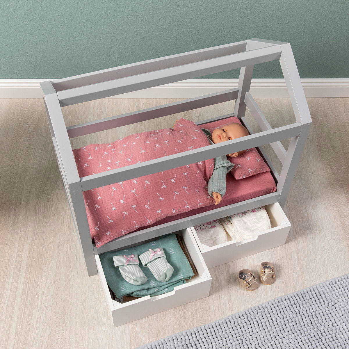 Thumbnail - Musterkind Puppenbett Viola, Grau, Weiß, Holz, Textil, Holzwerkstoff, 31x50x55 cm, EN 71, CE, Spielzeug, Kinderspielzeug...