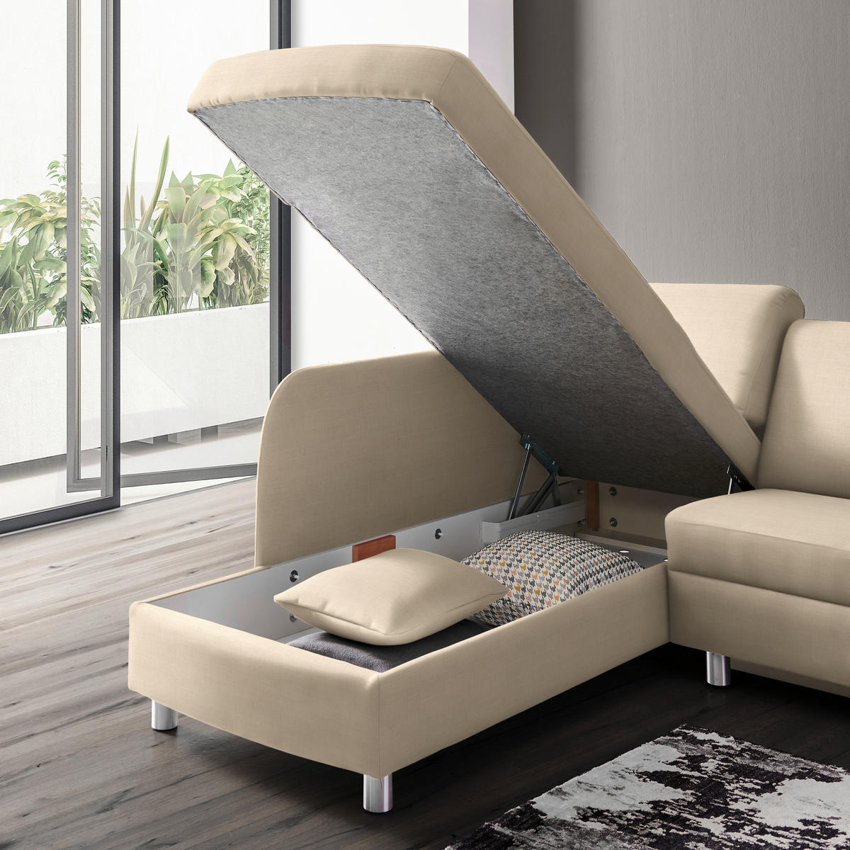 ECKSOFA in Chenille Creme  208/227 cm  - Creme/Alufarben, KONVENTIONELL, Textil/Metall (208/227cm) - Sedda