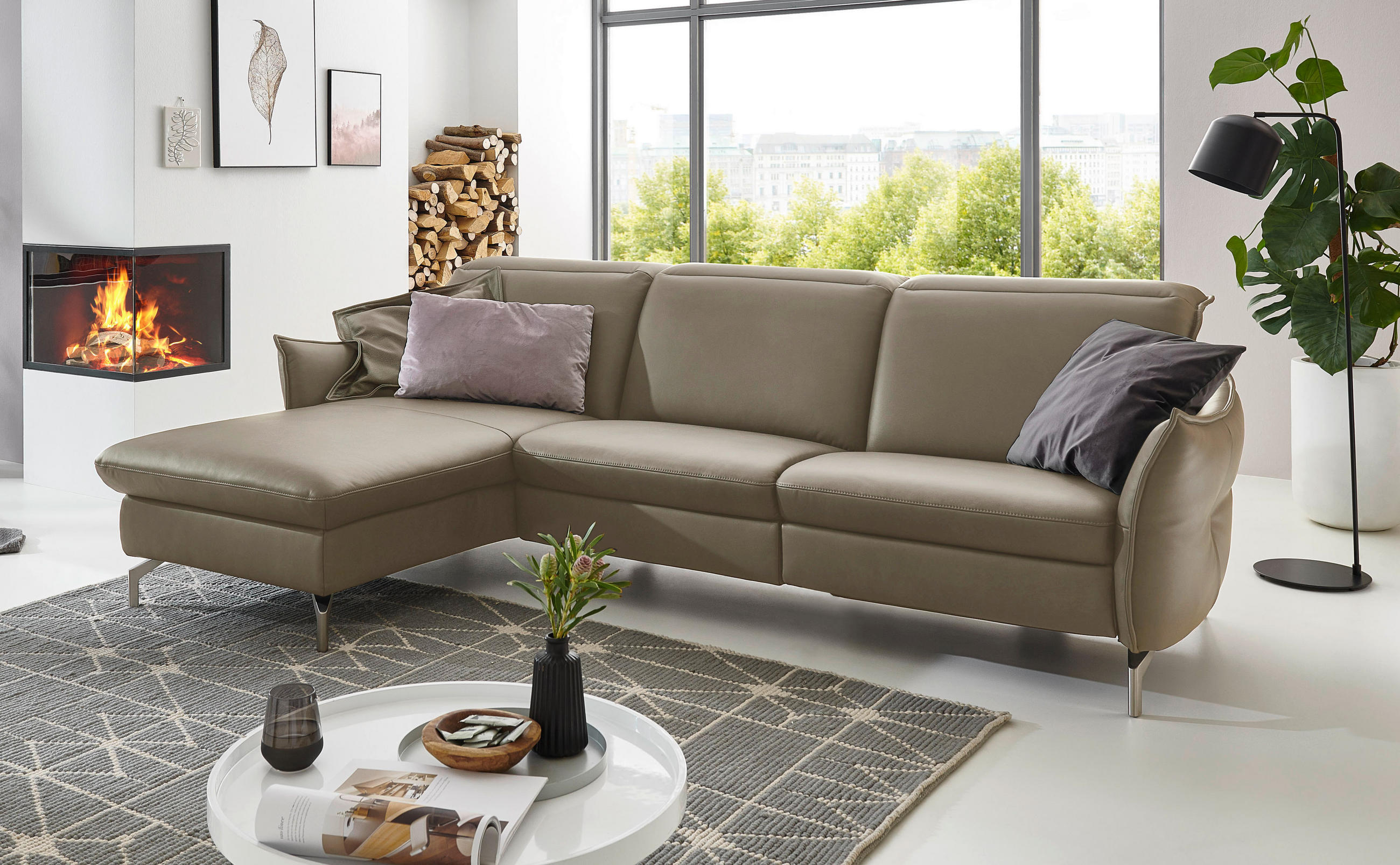 ECKSOFA in Echtleder Fango - Fango/Nickelfarben, Modern, Leder/Metall (179/263cm) - Livetastic