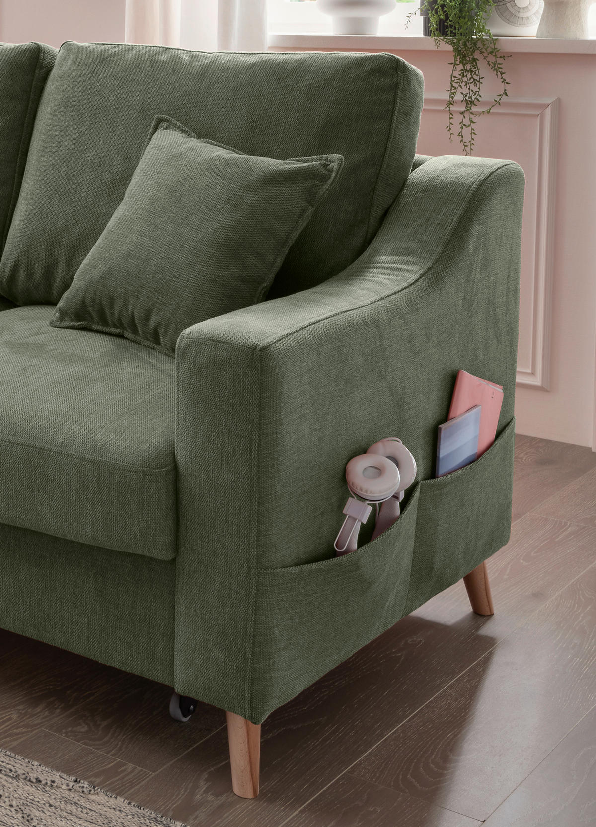 ECKSOFA Valentina Dunkelgrün Chenille  - Dunkelgrün/Naturfarben, MODERN, Holz/Textil (150/228cm) - Livetastic