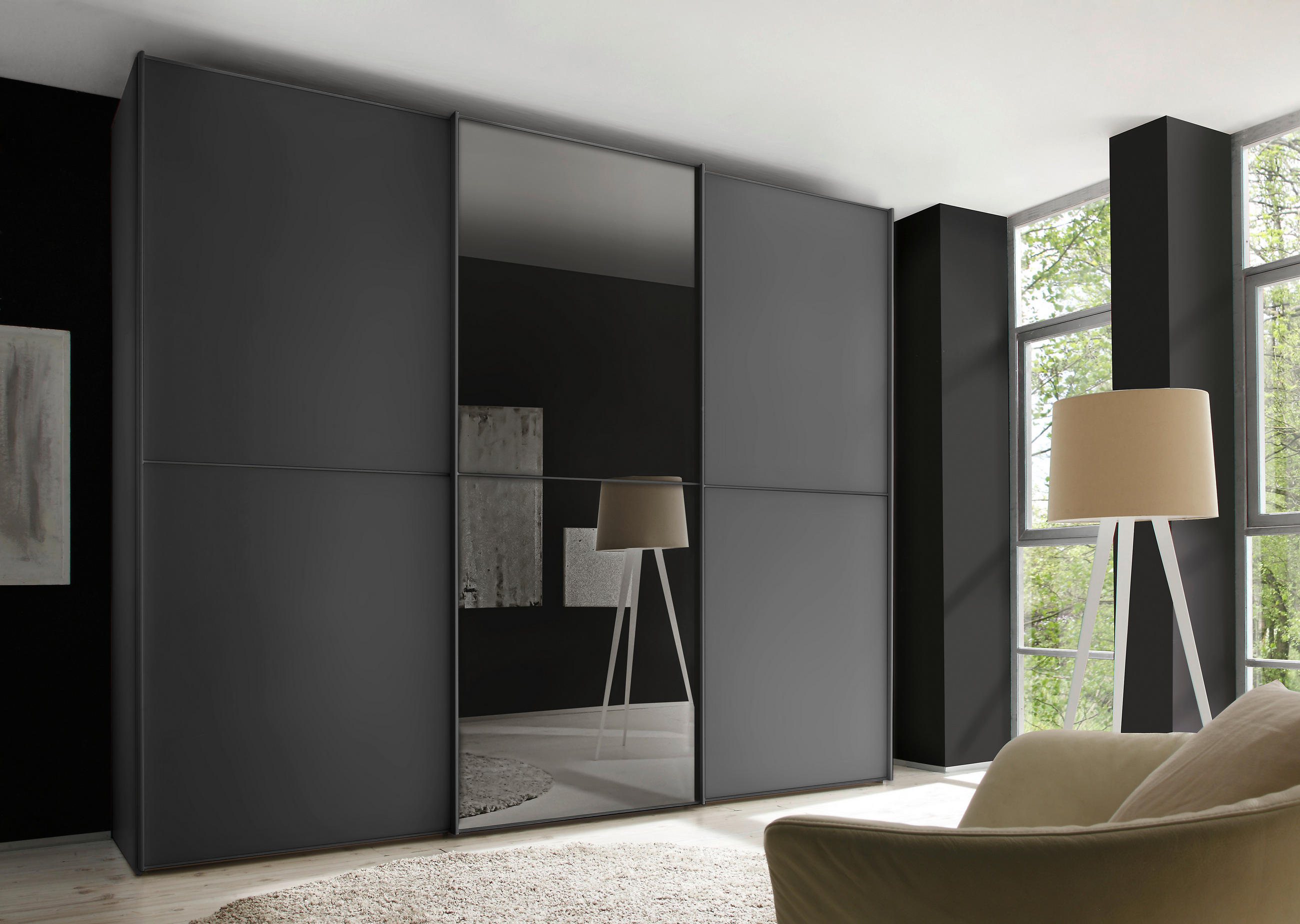 SCHWEBETÜRENSCHRANK 249/222/68 cm 3-türig Anthrazit  - Anthrazit/Graphitfarben, Design, Glas/Holzwerkstoff (249/222/68cm) - Moderano