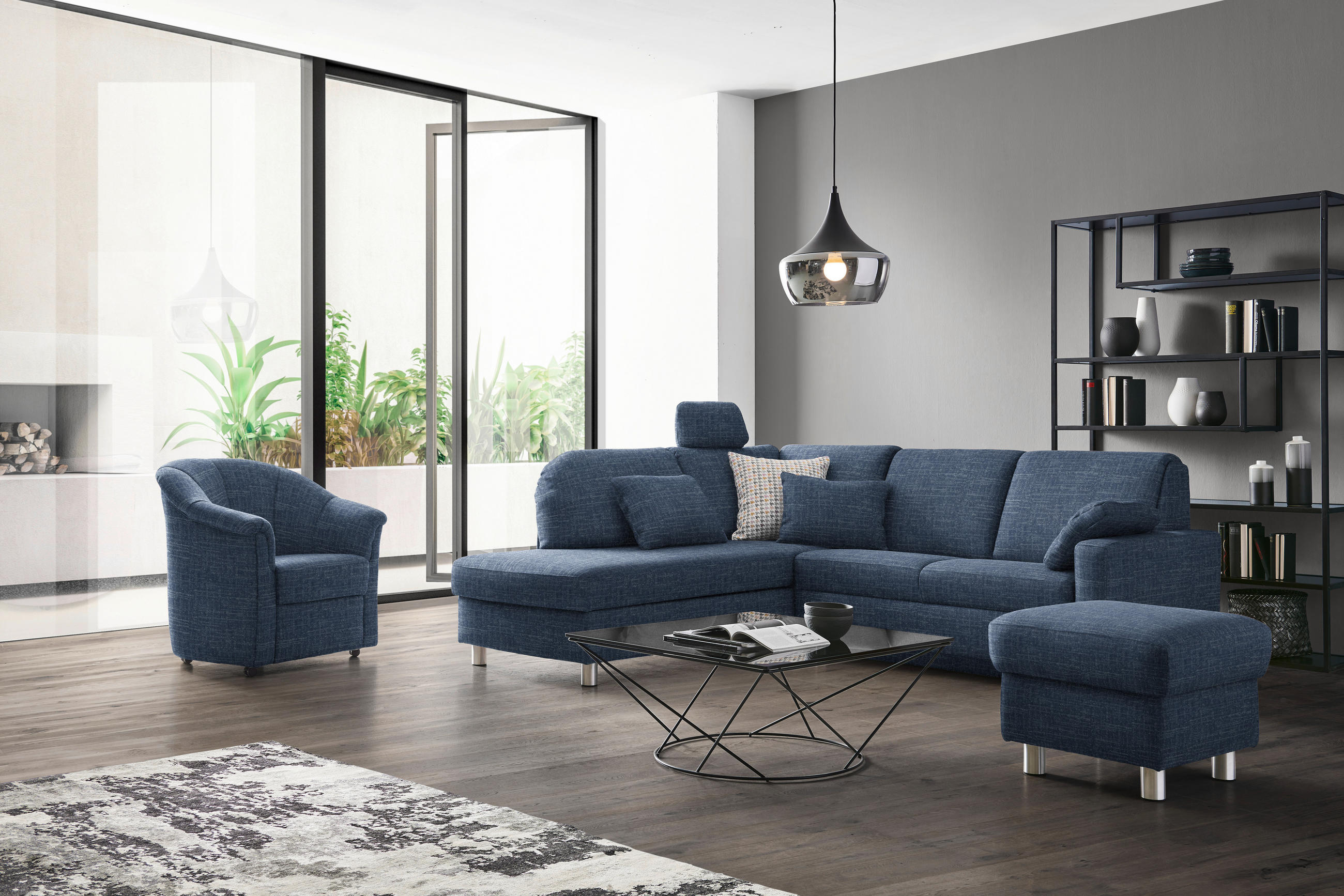 ECKSOFA in Chenille Blau  208/227 cm  - Blau/Alufarben, KONVENTIONELL, Textil/Metall (208/227cm) - Sedda
