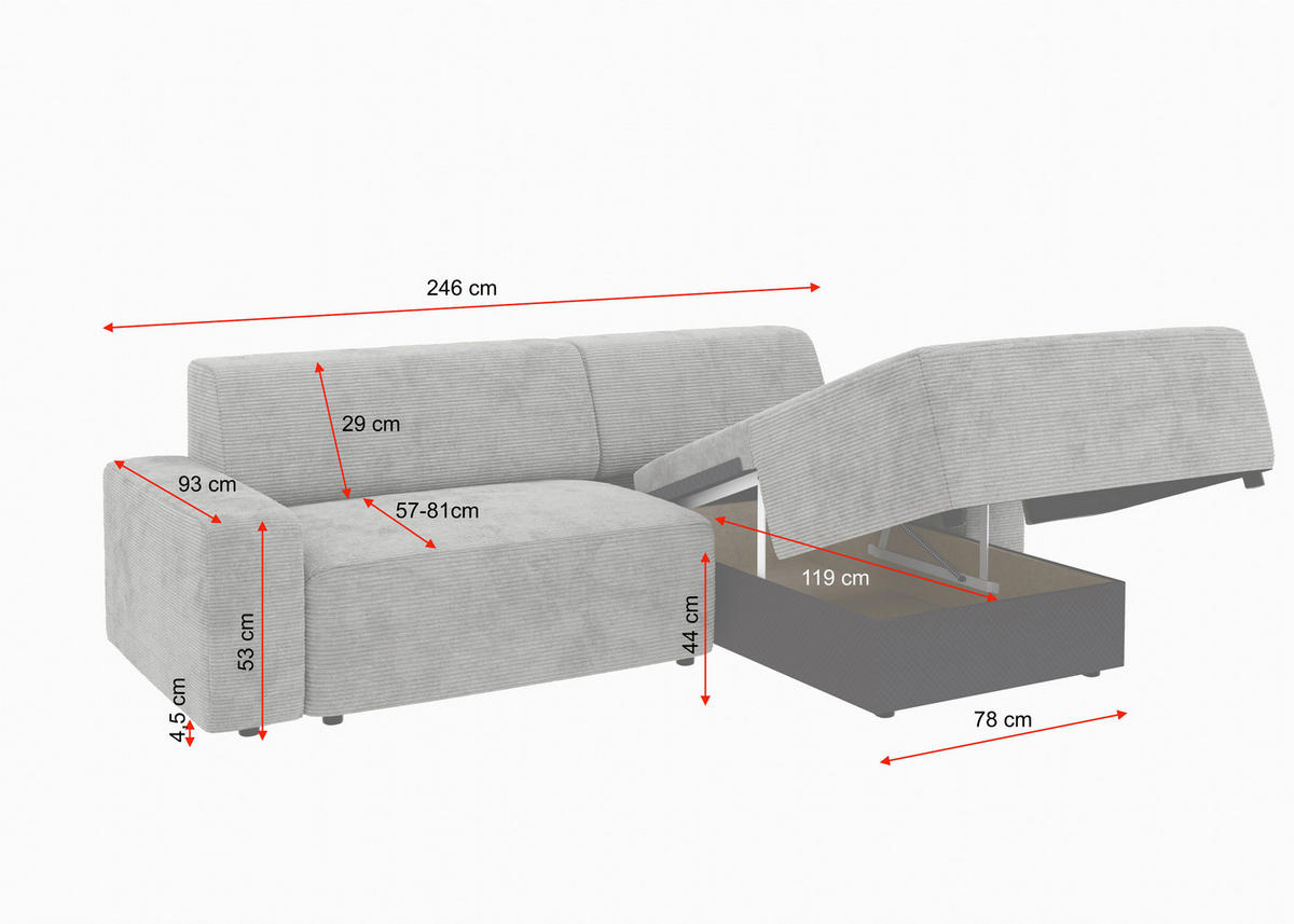 ECKSOFA WIEN in Cord Pink Bettkasten, Sitzvorzug  246/162 cm  - Pink/Schwarz, MODERN, Kunststoff/Textil (246/162cm) - Trendmanufaktur