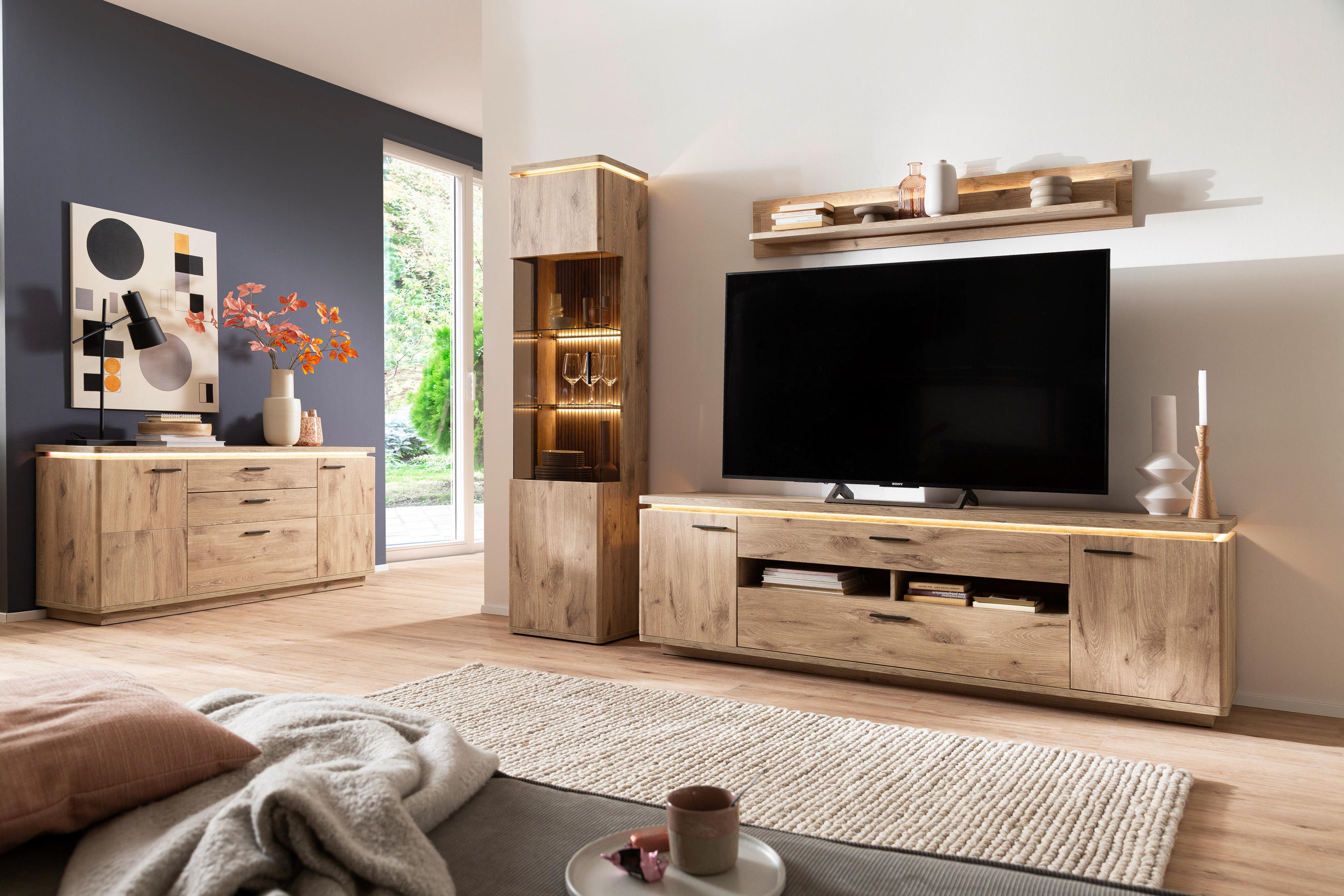 WOHNWAND in Eichefarben 270/208/50 cm - Eichefarben/Anthrazit, Konventionell, Glas/Holzwerkstoff (270/208/50cm) - Cantus
