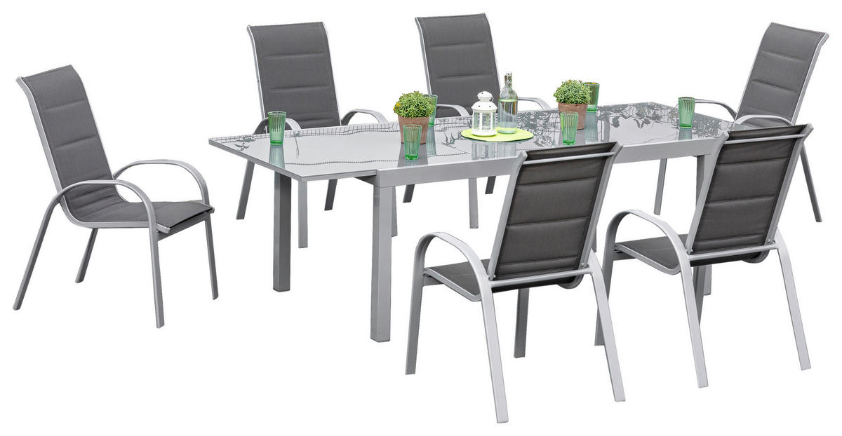 GARTENSET 7-teilig Webstoff Aluminium ,[ ]}7-teilig  - Anthrazit/Silberfarben, KONVENTIONELL, Glas/Textil - Gardenson