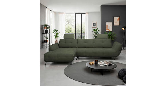 ECKSOFA Dunkelgrün Chenille Armlehnenkissen, Rücken echt, Sitztiefenverstellung  - Dunkelgrün/Schwarz, KONVENTIONELL, Textil/Metall (215/313cm) - Hom`in