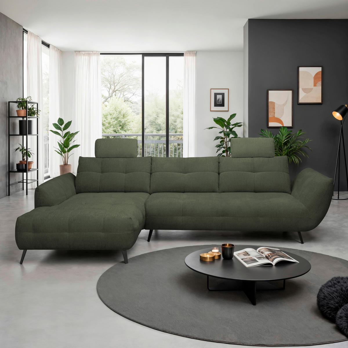 ECKSOFA Dunkelgrün Chenille Armlehnenkissen, Rücken echt, Sitztiefenverstellung  - Dunkelgrün/Schwarz, KONVENTIONELL, Textil/Metall (215/313cm) - Hom`in