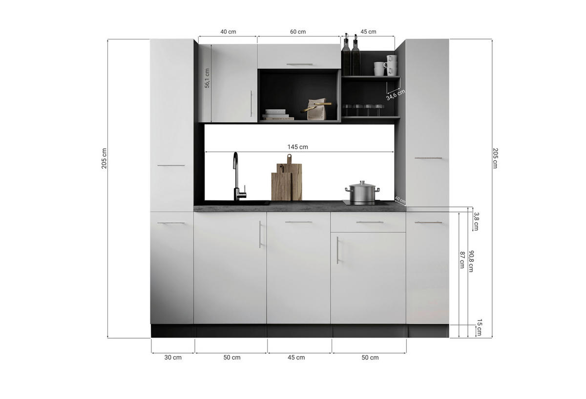 MODULKÖK 205 cm   i grå, ek Artisan  - ek Artisan/grå, Trend, metall/trämaterial (205cm) - Respekta