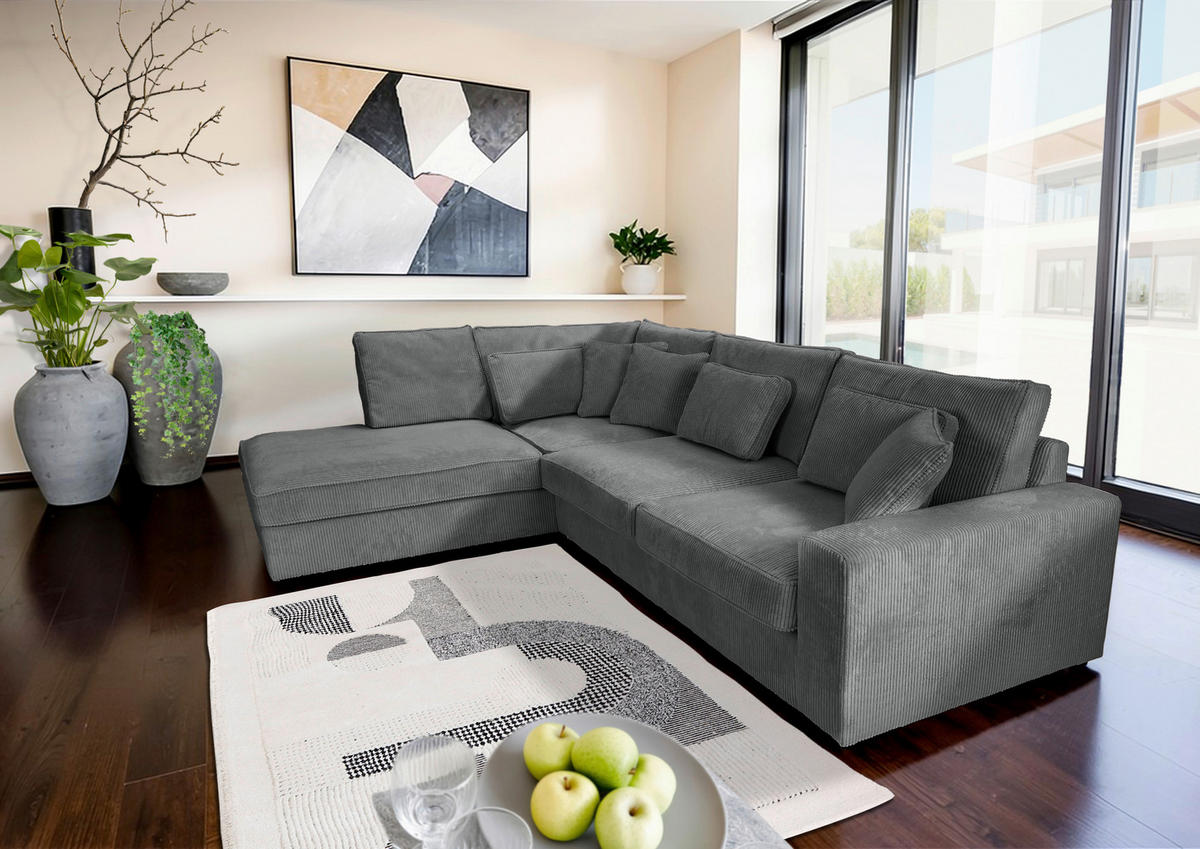ECKSOFA Dunkelgrau Cord Zierkissen, Rückenkissen, Rücken echt  - Dunkelgrau/Schwarz, MODERN, Kunststoff/Textil (228/307cm) - Carryhome