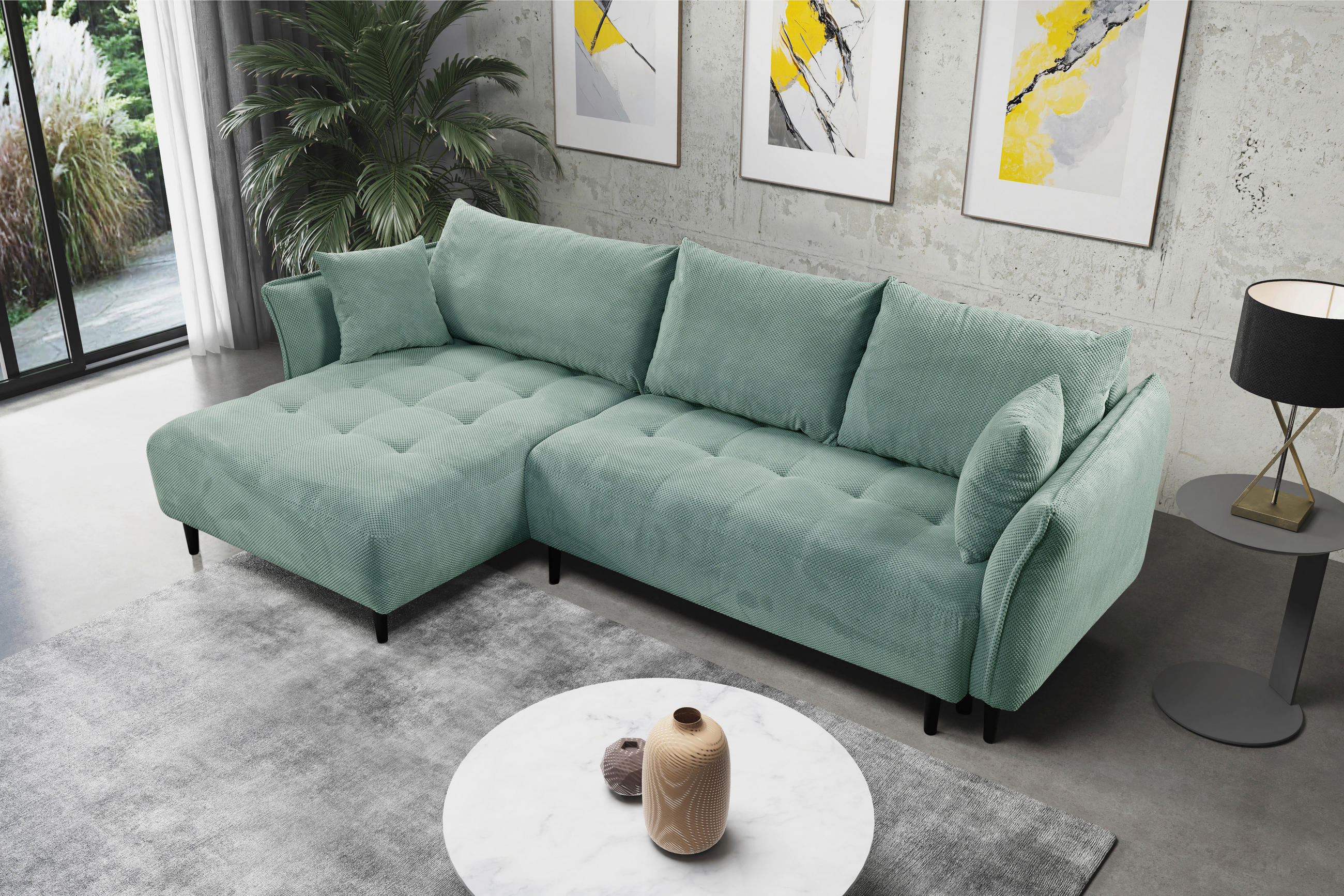 ECKSOFA in Chenille Mintgrün  - Schwarz/Mintgrün, Konventionell, Holz/Textil (160/290cm) - MID.YOU