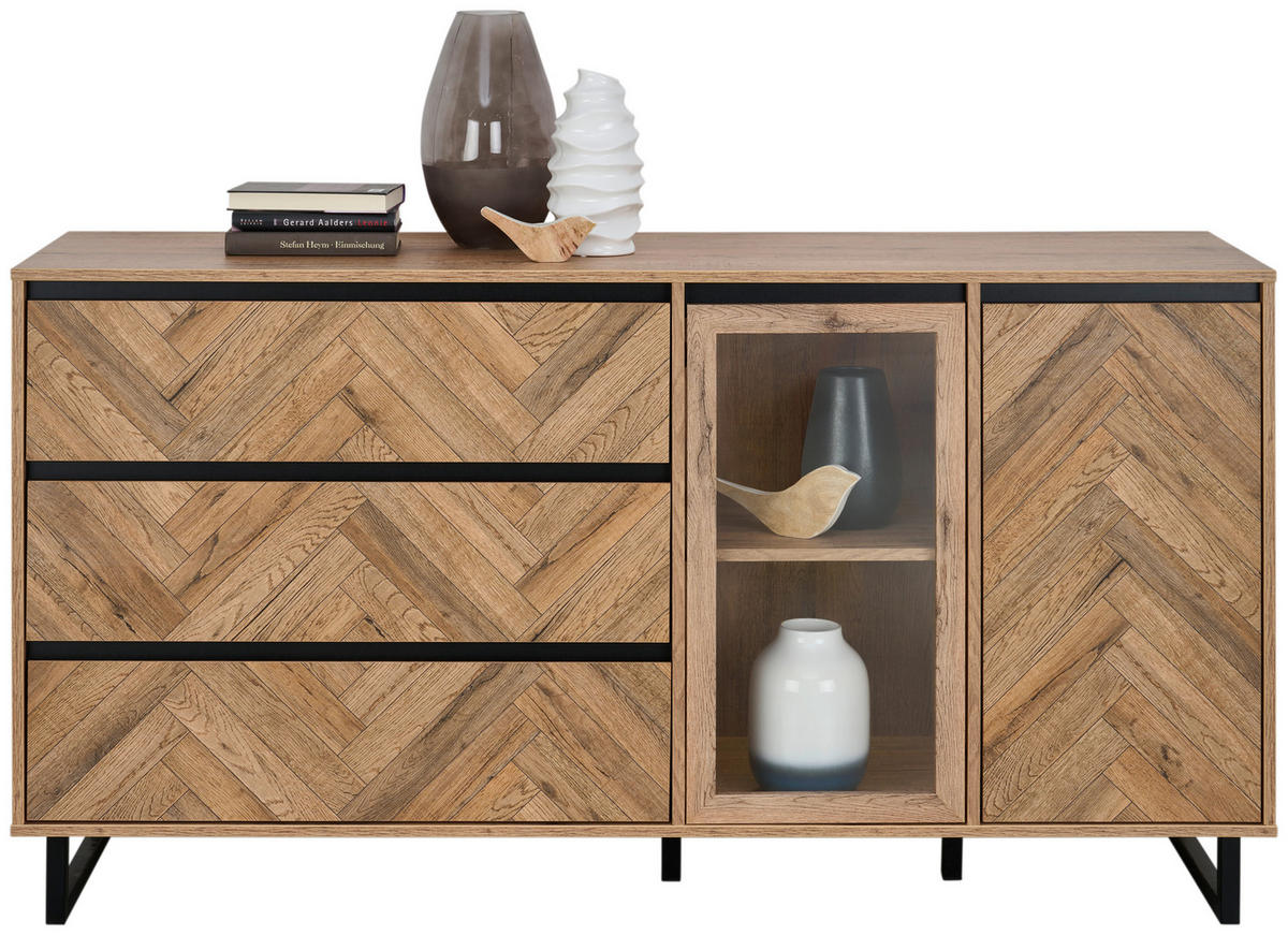 SIDEBOARD  in 156,4/82,6/42 cm  - Eichefarben/Schwarz, KONVENTIONELL, Glas/Holzwerkstoff (156,4/82,6/42cm) - Hom`in