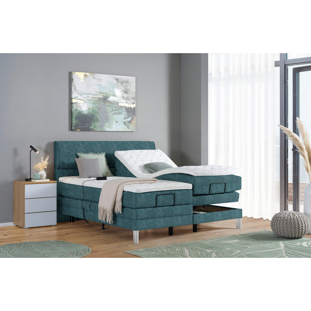 Thumbnail - Voleo Boxspringbett, Blau, Textil, H2 + H3, 7-Zonen, Höhe ca. 19 cm, 200x200 cm, Über- und Sondergrößen erhältlich, gepo...