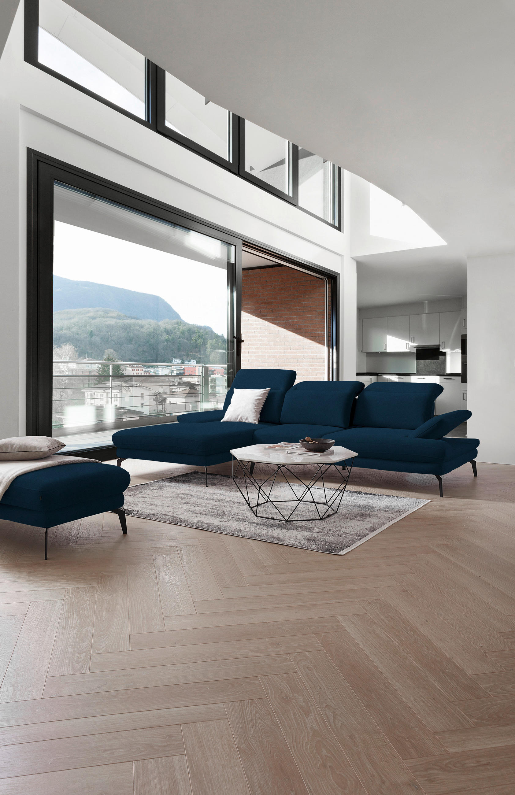 ECKSOFA in Flachgewebe Dunkelblau  - Schwarz/Dunkelblau, Design, Textil/Metall (180/289cm) - Stylife