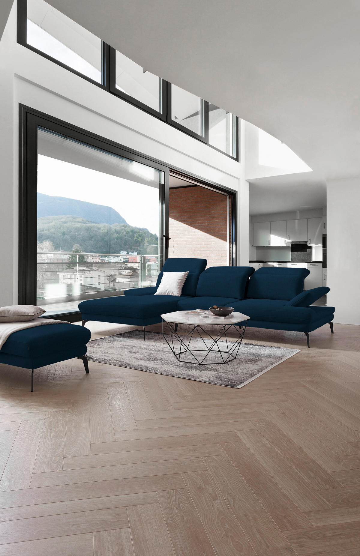 ECKSOFA in Flachgewebe Dunkelblau  - Schwarz/Dunkelblau, Design, Textil/Metall (180/289cm) - Stylife