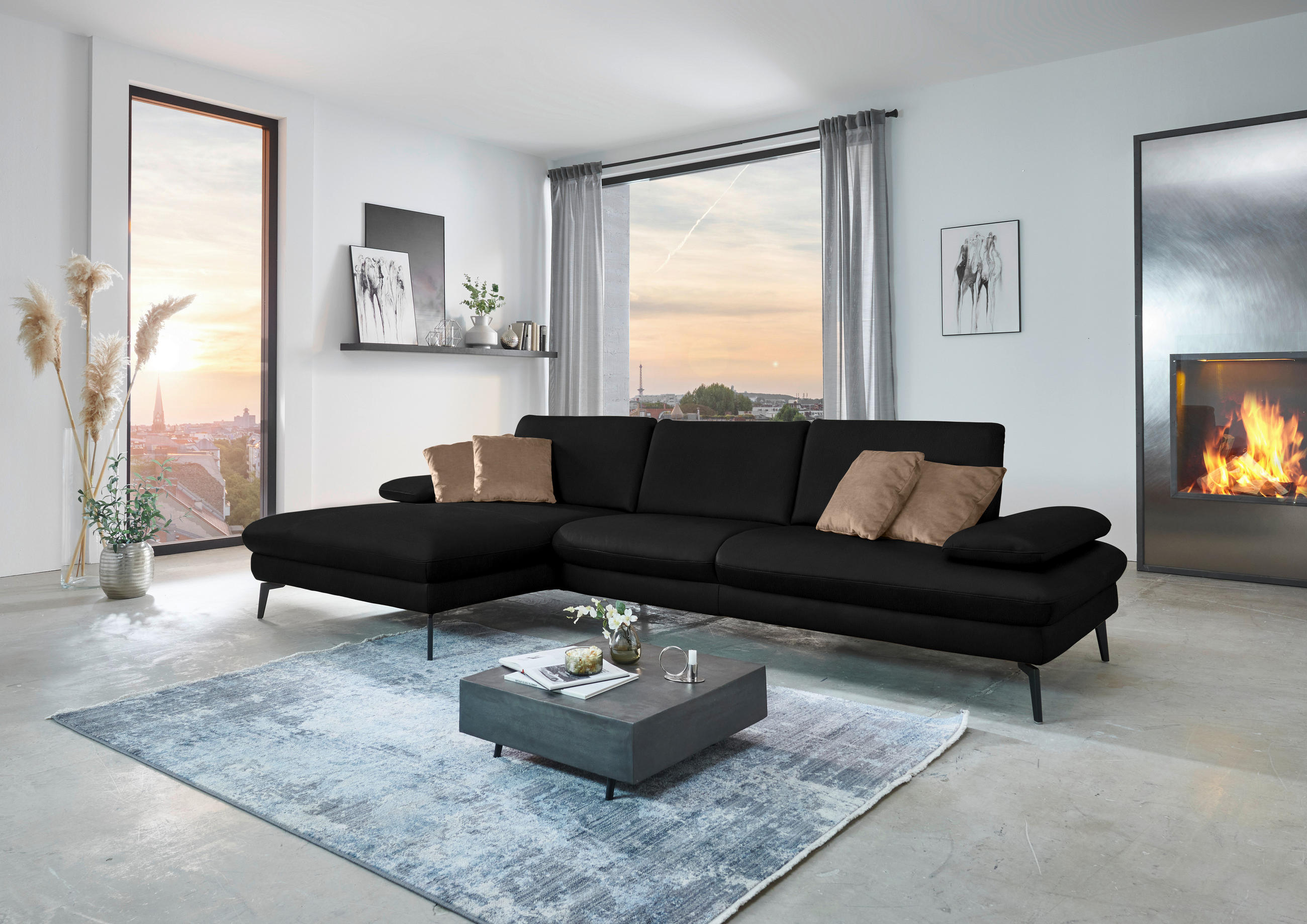 ECKSOFA in Echtleder Schwarz  - Schwarz, Design, Leder/Metall (157/325cm) - Dieter Knoll