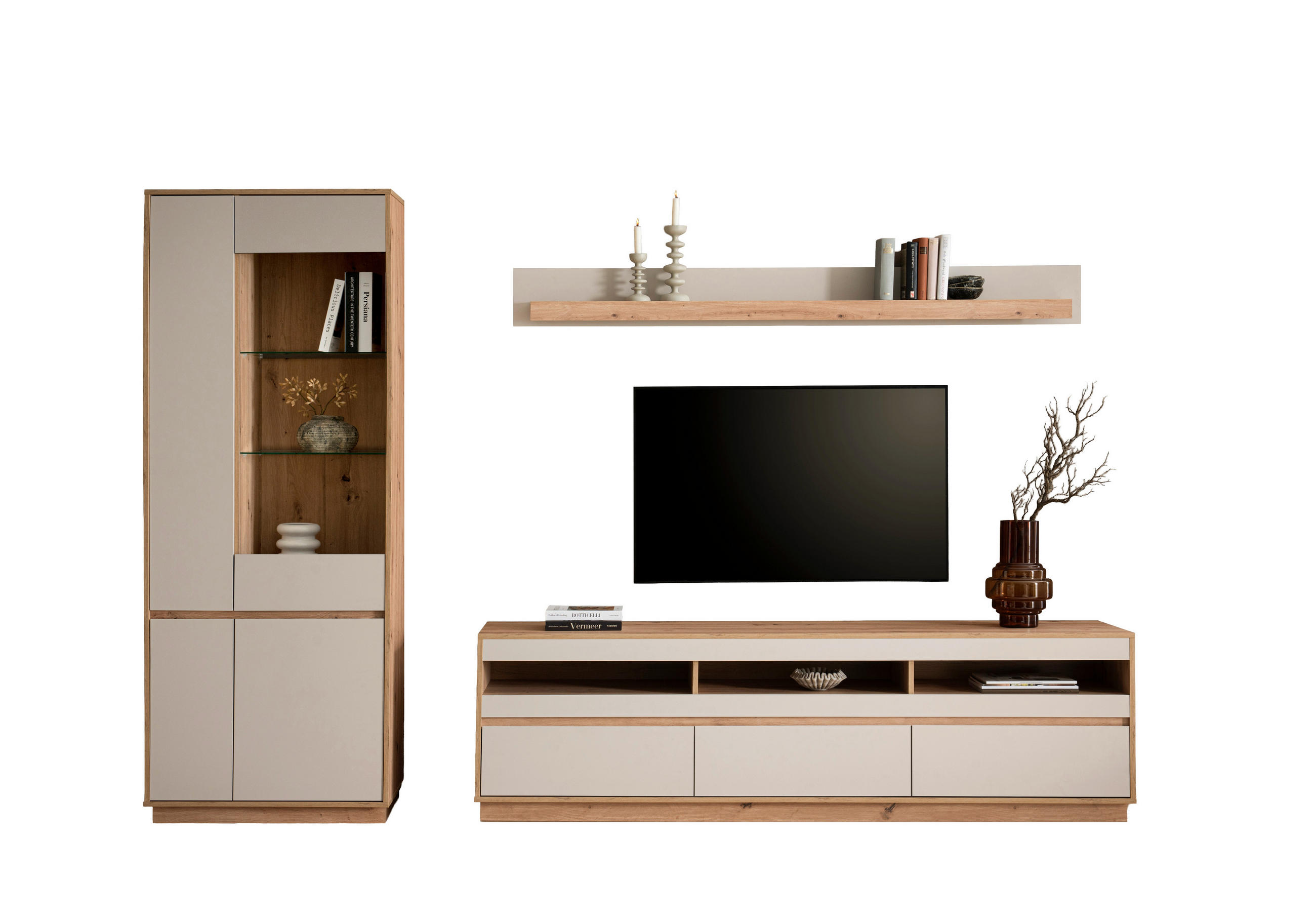 WOHNWAND 3-teilig  in Eiche Artisan  292/205/40 cm  - Kaschmir/Eiche Artisan, Design, Glas/Holzwerkstoff (292/205/40cm) - MID.YOU
