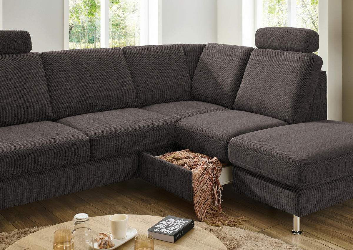 SAROKKANAPÉ textil sötétbarna  - sötétbarna/alumíniumszínű, Konventionell, textil/fém (241/200cm) - Beldomo System
