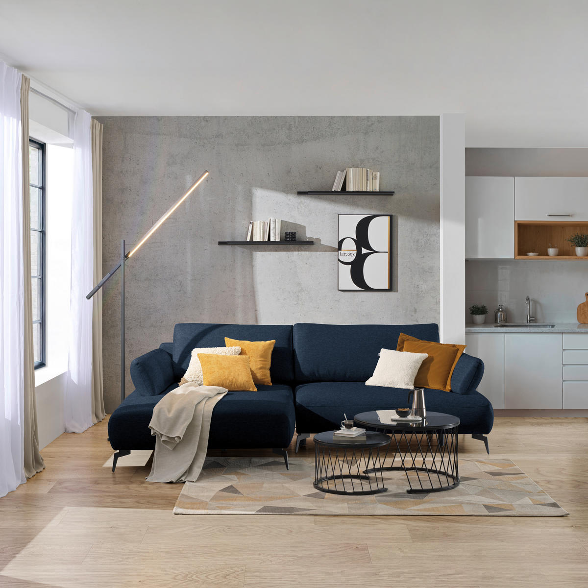 ECKSOFA Struktur Dunkelblau  - Schwarz/Dunkelblau, Design, Textil/Metall (186/284cm) - Lomoco
