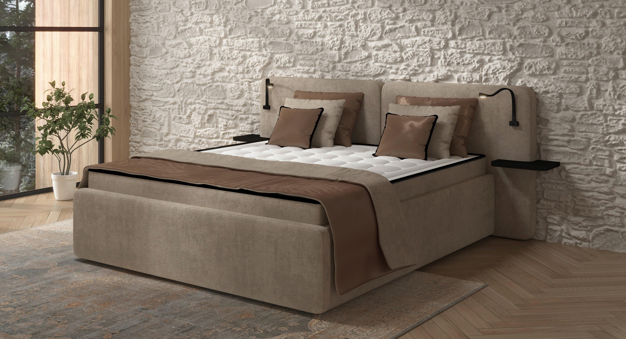 POLSTERBETT 180/200 cm,  in Beige, gepolstertes Kopfteil, Beleuchtung, Lattenrost, H2 + H3 = mittel + fest  - Beige/Schwarz, MODERN, Kunststoff/Textil (180/200cm) - Chameo