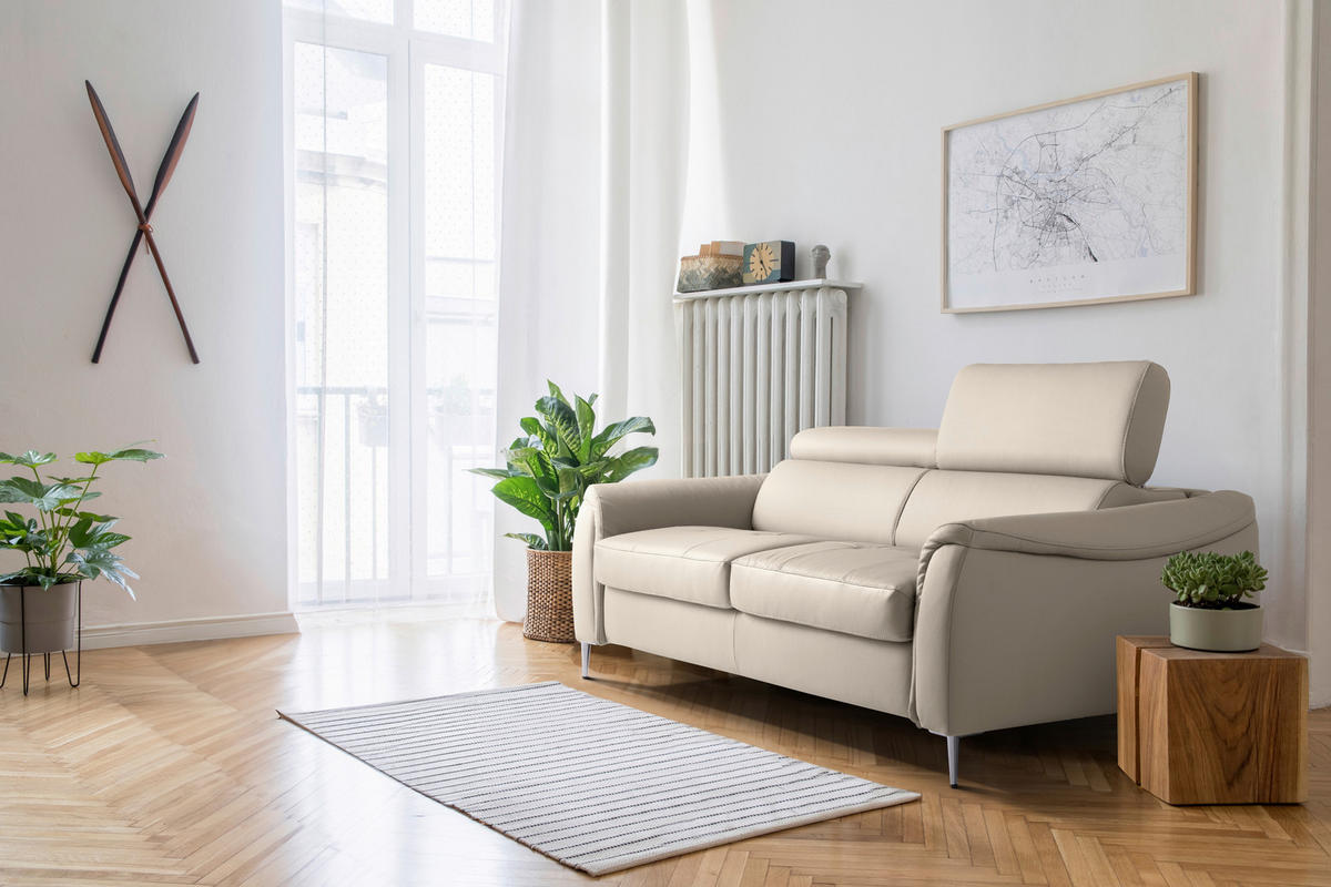 SCHLAFSOFA Beige Echtleder Lederlook  - Beige, Design, Leder/Textil (203/77-98/103cm) - MID.YOU
