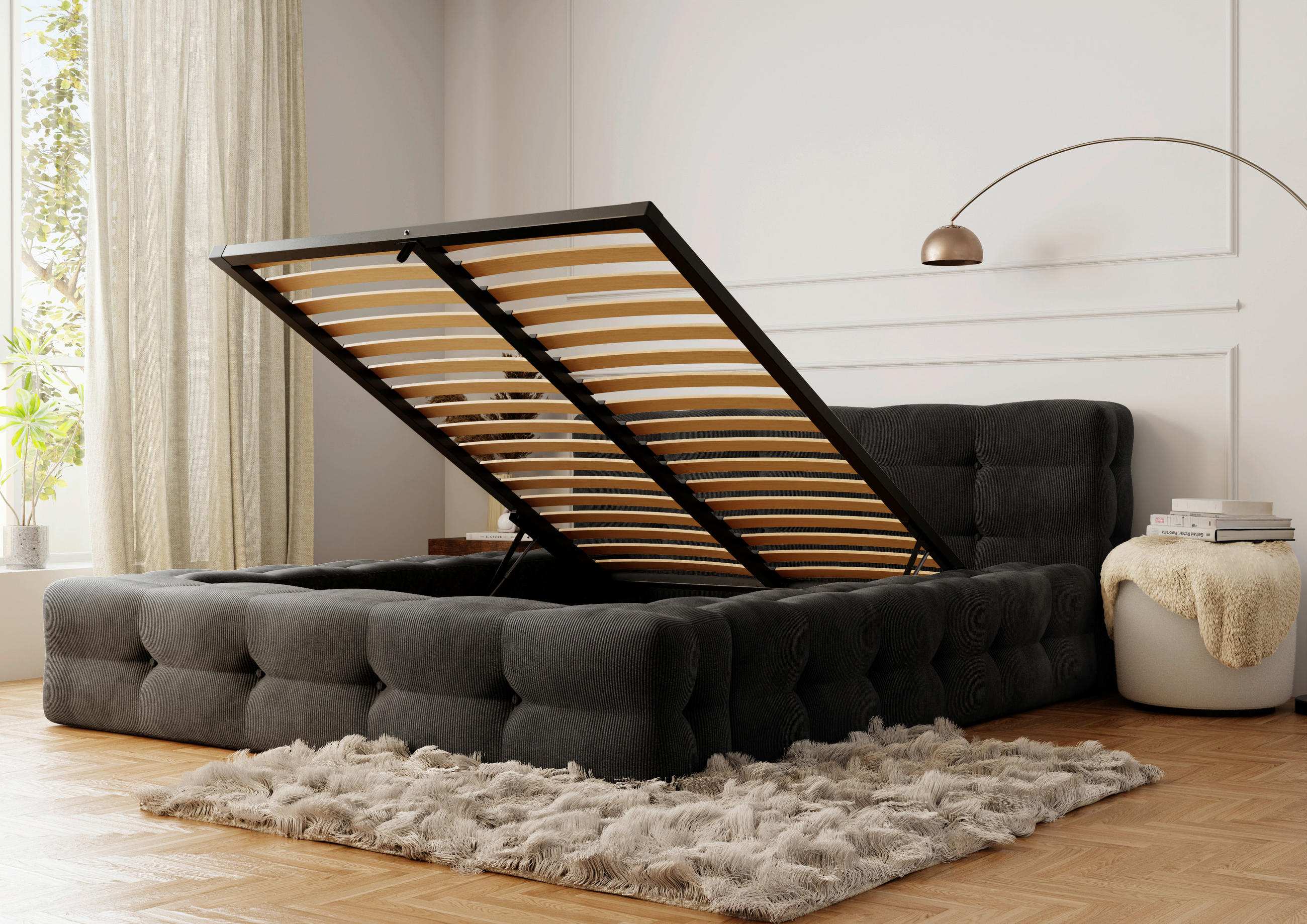 POLSTERBETT Lattenrost, Bettkasten 180/200 cm  in Anthrazit  - Anthrazit/Schwarz, Design, Holz/Textil (180/200cm) - Boxxx